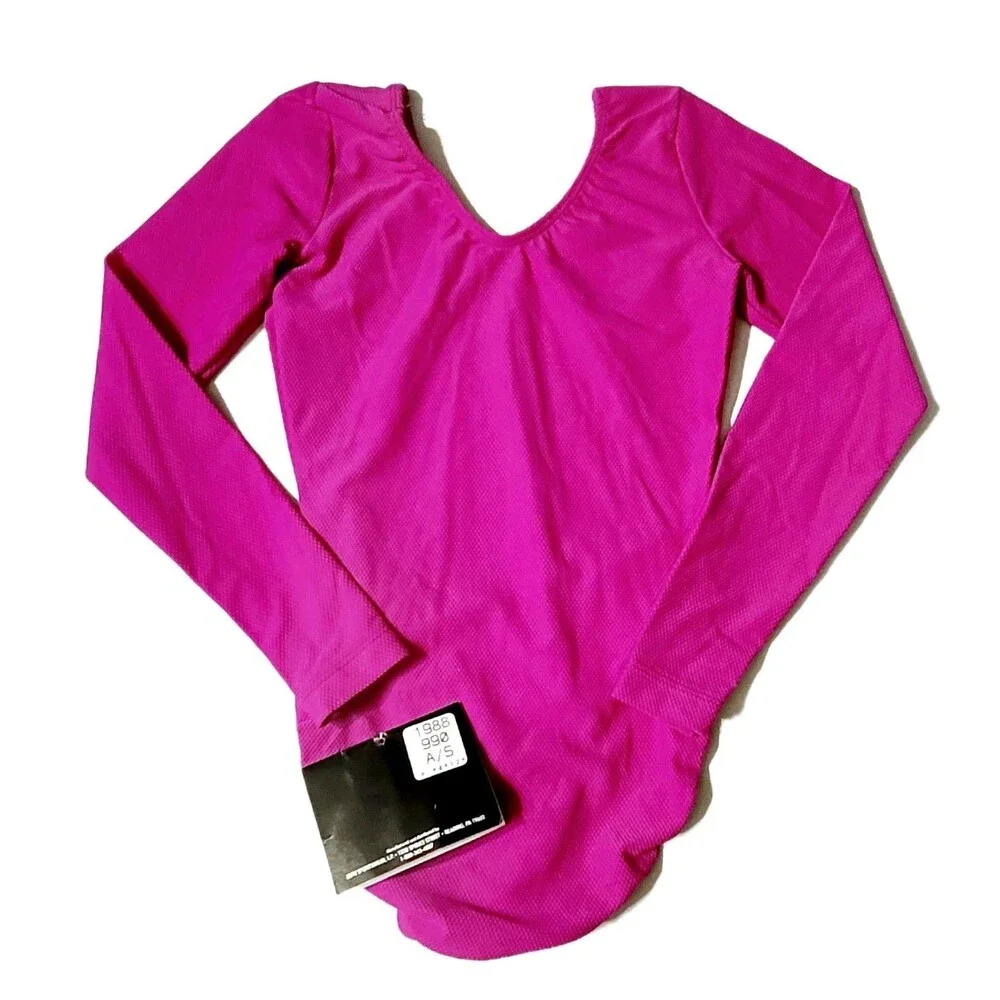 GK Elite VTG 90s AS Bright Pink Waffle Leotard Stretch Long Sleeve NWT Adult S